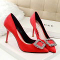 Exquisite Girl Shoe Square Buckle with Diamond Pointed Toe Black Color High Heel Pump Dress Shoes